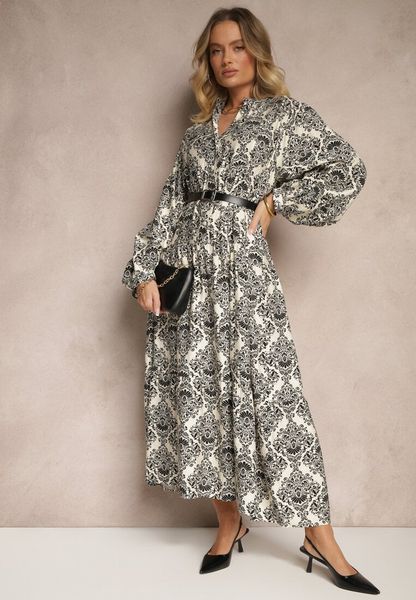 Czarna Wiskozowa Sukienka w Ornamentalny Wzór o Rozkloszowanym Kroju Gonalia. Czarne sukienki damskie Renee, na co dzień, l, bez wzorów, z wiskozy, eleganckie, bez kołnierzyka, bez ramiączek, maxi, oversize. Za 109.99 zł.