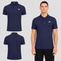 KOSZULKA POLO MĘSKA 4F SPORTOWY T-SHIRT M0770 SS26. Niebieskie koszulki polo męskie 4f, m, z bawełny, bez ramiączek, na fitness i siłownię. Za 89.99 zł.
