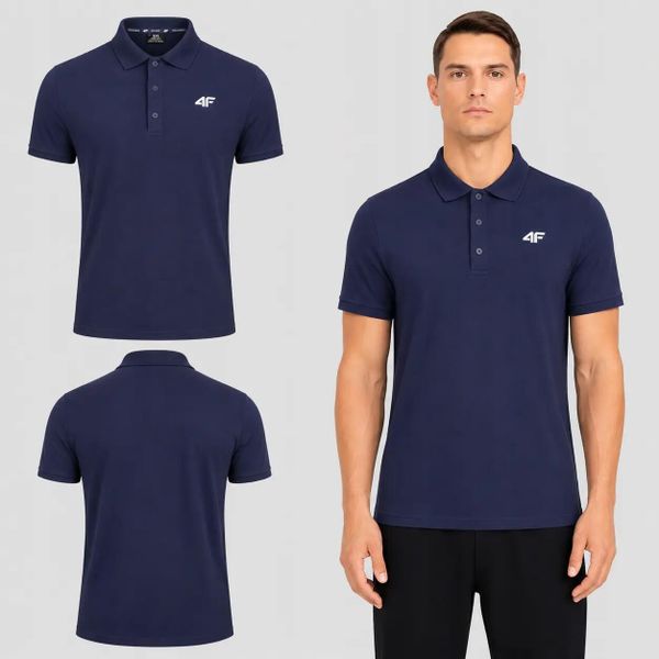 KOSZULKA POLO MĘSKA 4F SPORTOWY T-SHIRT M0770 SS26. Niebieskie koszulki polo męskie 4f, m, z bawełny, bez ramiączek, na fitness i siłownię. Za 89.99 zł.