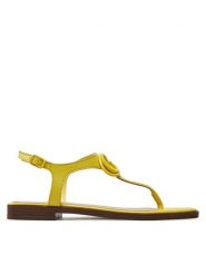 Guess Sandały FLJMIR LEA03 Żółty. Żółte sandały damskie Guess, z aplikacjami, ze skóry, bez obcasa, na płaskiej podeszwie. Za 379.99 zł.