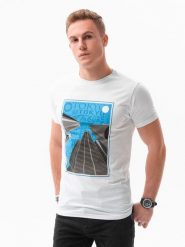 T-shirt męski z nadrukiem - biały V-5A - Rozmiar: XXL. Białe t-shirty męskie Ombre Clothing, m, bez wzorów, z bawełny, bez kołnierzyka. W wyprzedaży za 29.99 zł.