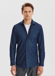 PAKO LORENTE - Granatowa koszula jeansowa. Koszule męskie Pako Lorente, m, bez wzorów, z bawełny, bez kołnierzyka, bez ramiączek. Za 149.99 zł.