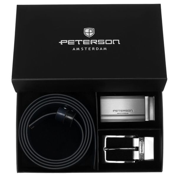 Zestaw prezentowy: dwustronny pasek skórzany w granatowym i czarnym kolorze Peterson PTN KL-B006S001 N. Czarne paski męskie Peterson, bez wzorów, ze skóry, eleganckie. Za 119.99 zł.