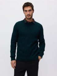 Sweter z domieszką wełny - ciemnozielony. Zielone swetry męskie Reserved, l, bez wzorów, z dzianiny, bez kołnierzyka. W wyprzedaży za 59.99 zł.