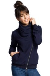 Sportowa Bluza Zapinana na Ukośny Zamek - Granatowa. Fioletowe bluzy bez kaptura damskie MOE, l, z bawełny. Za 273.90 zł.