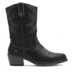 Kowbojki Mustang. Czarne botki damskie Mustang, bez obcasa, na słupku, bez zapięcia. Za 279.99 zł.
