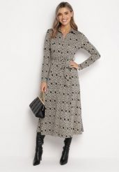 Beżowo-Czarna Sukienka Midi Zapinana na Guziki z Paskiem w Drobny Print Fidaxa. Brązowe sukienki damskie Born2be, s, bez wzorów, z materiału, bez kołnierzyka, bez ramiączek, midi. W wyprzedaży za 95.99 zł.