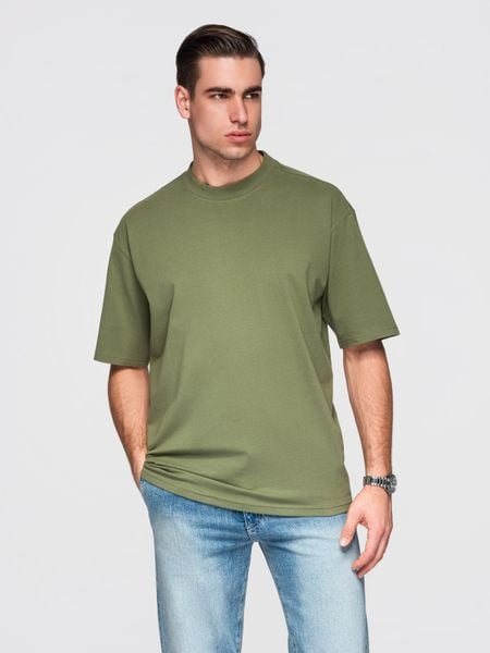 Męski t-shirt bawełniany LOOSE FIT z okrągłym dekoltem – ciemnooliwkowy V8 - Rozmiar: XXL. Zielone t-shirty męskie Ombre Clothing, l, bez wzorów, z bawełny, bez kołnierzyka. Za 169.99 zł.