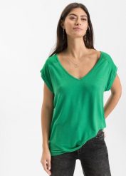Koszulka z mieszanki wiskozy. Niebieskie bluzki damskie bonprix, bez wzorów, z koronki, bez kołnierzyka, bez ramiączek. Za 77.99 zł.