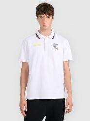 4F Koszulka polo regular męska 4F x Robert Lewandowski - biała S. Białe koszulki polo męskie 4f, m, bez wzorów, z bawełny, bez ramiączek. Za 129.99 zł.