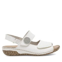 Sandały Rieker. Białe sandały damskie Rieker, bez wzorów, bez obcasa, na płaskiej podeszwie. Za 339.99 zł.