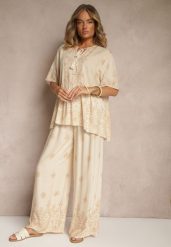 Beżowy Komplet z Wiskozy Spodnie i Bluzka Ozdobiona Wiązaniem Lunarelis. Brązowe spodnie materiałowe damskie Renee, bez wzorów, z wiskozy, eleganckie. Za 89.99 zł.