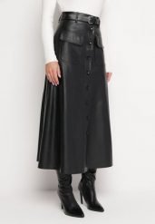 Czarna Trapezowa Spódnica Midi z Ekoskóry na Guziki i Paskiem Stardia. Czarne spódniczki damskie Born2be, l, bez wzorów, eleganckie, midi, rozkloszowane. Za 169.99 zł.