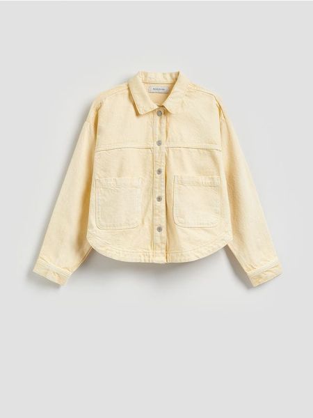 Jeansowa kurtka - żółty. Żółte kurtki damskie Reserved, l, bez wzorów, z bawełny, bez kaptura. Za 129.99 zł.