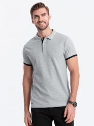 Bawełniana koszulka męska polo z kontrastowymi wykończeniami – szary melanż V7 OM-POSS-0113 - XXL. Szare koszulki polo męskie Ombre Clothing, l, bez wzorów, z bawełny, bez ramiączek. Za 71.99 zł.