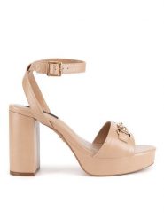 Nine West Sandały R25SS04320 Beżowy. Brązowe sandały damskie Nine West, bez wzorów, z materiału, bez obcasa, na słupku. Za 199.99 zł.