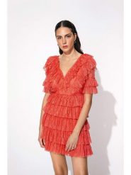 By Malina Sukienka "Sky" w kolorze koralowym rozmiar: XS. Czerwone sukienki damskie BY MALINA, xs, bez wzorów, z koronki, bez kołnierzyka, bez ramiączek, mini. Za 227.85 zł.