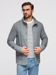Bluza męska zapinana na guziki ze stójką – szary melanż V7 - Rozmiar: M. Szare bluzy bez kaptura męskie Ombre Clothing, m, z bawełny. Za 209.99 zł.