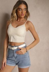 Beżowy Top z Wiskozą i Koronkowym Przodem Fadelea. Brązowe topy damskie Renee, m, bez wzorów, z jeansu, bez kołnierzyka. Za 44.99 zł.