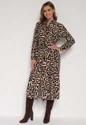Panterkowa Koszulowa Sukienka z Wiskozą w Panterkę z Wiązanym Paskiem Assava. Sukienki damskie Born2be, do pracy, l, bez wzorów, z wiskozy, biznesowe, bez kołnierzyka, bez ramiączek, maxi, koszulowe. Za 109.99 zł.