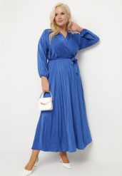 Niebieska Sukienka Maxi z Gumką w Pasie i Kopertowym Dekolcie Bertrama. Niebieskie sukienki damskie Born2be, l, bez wzorów, z materiału, bez kołnierzyka, bez ramiączek, maxi, kopertowe. W wyprzedaży za 67.99 zł.