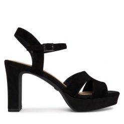 Sandały Tamaris. Czarne sandały damskie Tamaris, bez wzorów, bez obcasa, na słupku. Za 379.99 zł.