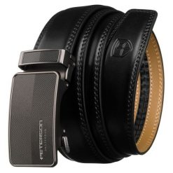 Elegancki pasek męski z automatyczną klamrą wykonany ze skóry naturalnej w czarnym kolorze - Peterson. Czarne paski męskie bez wzorów, ze skóry, eleganckie. Za 49.99 zł.