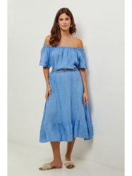 Lin Passion Lniana sukienka w kolorze błękitnym rozmiar: 36/38. Niebieskie sukienki damskie Lin Passion, bez wzorów, ze lnu, klasyczne, bez kołnierzyka, bez ramiączek, midi. Za 173.99 zł.