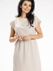 Sukienka Model A646 Beige - awama. Brązowe sukienki damskie Awama, na co dzień, na lato, l, bez wzorów, ze lnu, bez kołnierzyka, plus size, bez ramiączek, mini. Za 247.31 zł.