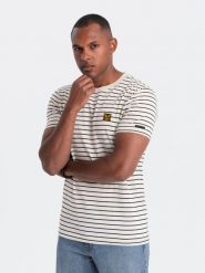 Męski t-shirt w paski z naszywką Ombre Design – kremowo-czarny V1 - Rozmiar: S. Czarne t-shirty męskie Ombre Clothing, m, z aplikacjami, z bawełny, bez kołnierzyka. W wyprzedaży za 39.99 zł.