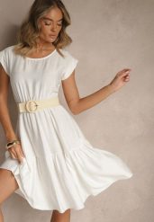 Biała Rozkloszowana Sukienka z Wiskozy Linurea. Białe sukienki damskie Renee, na co dzień, bez wzorów, z wiskozy, eleganckie, bez kołnierzyka, bez ramiączek, midi, rozkloszowane. W wyprzedaży za 79.99 zł.