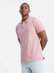 Melanżowa koszulka męska polo z kołnierzykiem w paski – różowa V2 OM-POSS-0109 - XXL. Czerwone koszulki polo męskie Ombre Clothing, l, z aplikacjami, z bawełny, bez ramiączek. W wyprzedaży za 39.99 zł.
