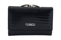 Portfel skórzany CONTI czarny 5282-A-1. Czarne portfele damskie CONTI, bez wzorów, z lakierowanej skóry. Za 119.99 zł.