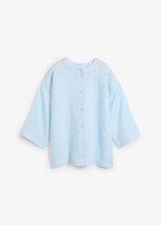 Bluzka oversize z czystego lnu. Białe bluzki damskie bonprix, bez wzorów, ze lnu, eleganckie, bez kołnierzyka, bez ramiączek. Za 149.99 zł.