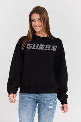 GUESS Czarna damska bluza z cyrkoniami Cecilia. Czarne bluzy bez kaptura damskie Guess, s, z elastanu. W wyprzedaży za 236.99 zł.