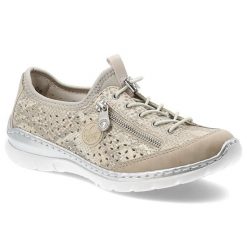 Półbuty damskie Rieker, skóra naturalna ażurowa cholewka elastyczne sznurowanie suwak boczny miękka wkładka lekka i amortyzująca podeszwa, złote, L32. Żółte półbuty damskie Rieker, w ażurowe wzory, ze skóry, biznesowe, bez obcasa, na płaskiej podeszwie. Za 323.90 zł.