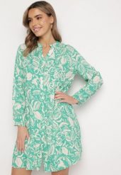 Zielona Koszulowa Sukienka Mini o Rozkloszowanym Fasonie z Kwiatowym Motywem Hexama. Zielone sukienki damskie Born2be, na lato, l, bez wzorów, bez kołnierzyka, bez ramiączek, mini, koszulowe. Za 89.99 zł.