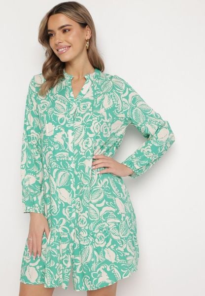 Zielona Koszulowa Sukienka Mini o Rozkloszowanym Fasonie z Kwiatowym Motywem Hexama. Zielone sukienki damskie Born2be, na lato, l, bez wzorów, bez kołnierzyka, bez ramiączek, mini, koszulowe. Za 89.99 zł.