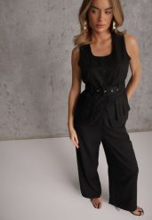 Czarny Garniturowy Komplet z Bawełną Spodnie Wide Leg i Kamizelka Utility Aloane. Czarne spodnie materiałowe damskie Renee, bez wzorów, z bawełny. Za 199.99 zł.