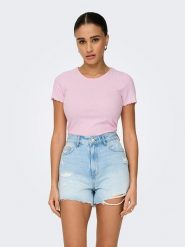 ONLY Koszulka "Emma" w kolorze jasnoróżowym rozmiar: XL. Różowe bluzki damskie Only, xl, bez wzorów, prążkowane, bez kołnierzyka, bez ramiączek. Za 37.38 zł.
