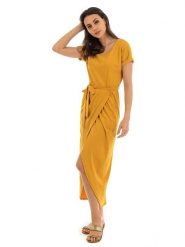 Fille de Coton Sukienka "Lydia" w kolorze musztardowym rozmiar: 36/38. Żółte sukienki damskie Fille de Coton, bez wzorów, z bawełny, klasyczne, bez kołnierzyka, bez ramiączek, maxi. Za 143.99 zł.