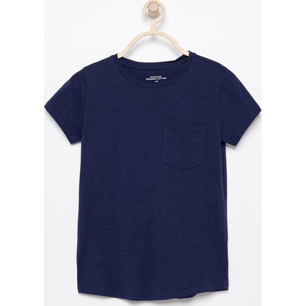 T-shirt z bawełny organicznej - Granatowy. Niebieskie koszulki dziewczęce Reserved, bez wzorów, z bawełny, bez ramiączek. W wyprzedaży za 9.99 zł.