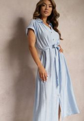 Niebieska Rozkloszowana Sukienka o Koszulowym Kroju Ozdobiona Paskiem w Talii i Guzikami Rosofia. Niebieskie sukienki damskie Renee, na co dzień, l, bez wzorów, eleganckie, bez kołnierzyka, bez ramiączek, midi, koszulowe. W wyprzedaży za 111.99 zł.