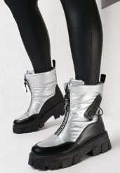 Srebrne Śniegowce na Płaskiej Podeszwie z Zamkiem z Przodu i Napisem Bulluna. Szare śniegowce damskie Born2be, z jeansu. Za 79.99 zł.