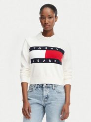 Tommy Jeans Sweter Flag DW0DW22930 Biały Regular Fit. Białe swetry klasyczne damskie Tommy Jeans, s, z bawełny, bez kołnierzyka. Za 409.99 zł.