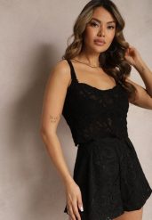 Czarny Koronkowy Tank Top z Bawełny Hassia. Czarne topy damskie Renee, bez wzorów, z bawełny, bez kołnierzyka. Za 39.99 zł.