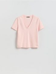 Bawełniany t-shirt - pastelowy róż. Czerwone t-shirty damskie Reserved, l, bez wzorów, z bawełny, bez kołnierzyka. Za 79.99 zł.