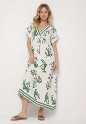 Zielono-Beżowa Sukienka z Lnem i Wiskozą o Pudełkowym Kroju Sadirene. Zielone sukienki damskie Born2be, na co dzień, na lato, l, bez wzorów, z wiskozy, eleganckie, bez kołnierzyka, bez ramiączek, maxi. W wyprzedaży za 71.99 zł.