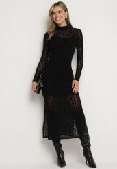 Czarna Siateczkowa Sukienka z Welurowym Nadrukiem w Cętki i Rozcięciami Zaili. Czarne sukienki damskie Born2be, na co dzień, l, bez wzorów, z weluru, eleganckie, bez kołnierzyka, bez ramiączek, midi, dopasowane. W wyprzedaży za 135.99 zł.