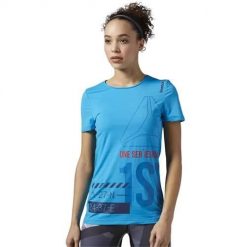 Koszulka treningowa damska Reebok S94255. Niebieskie bluzki sportowe damskie Reebok, l, z materiału, bez kołnierzyka, bez ramiączek. Za 193.00 zł.